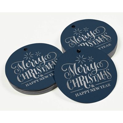 Etiquetas de Papel Metalizado para Lembrancinhas e para Pendurar com o Texto 'Merry Christmas & Happy New Year' - Inkdotpot 50 Etiquetas Metalizadas / Azul - Prata