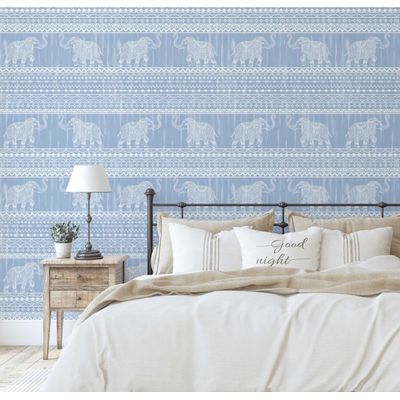 Papel de Parede Tribal Elefante - Estilo Asiático, Vinil Autoadesivo Decorativo, Fácil DIY para Quarto e Sala - Azul - S4Sassy 63,5 cm (L) × 152,4 cm (C) / Azul - Vinil Liso