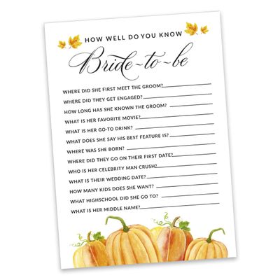 Cartões "Pumpkin Fall In Love" Quadrados em Branco para Preencher, 50 Unidades para Chá de Noiva/Despedida de Solteira - Inkdotpot 12,7 Cm × 17,78 Cm / Branco - Quiz da Noiva
