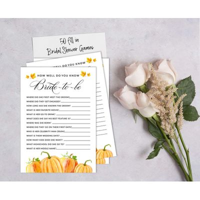 Cartões "Pumpkin Fall In Love" Quadrados em Branco para Preencher, 50 Unidades para Chá de Noiva/Despedida de Solteira - Inkdotpot 12,7 Cm × 17,78 Cm / Branco - Quiz da Noiva