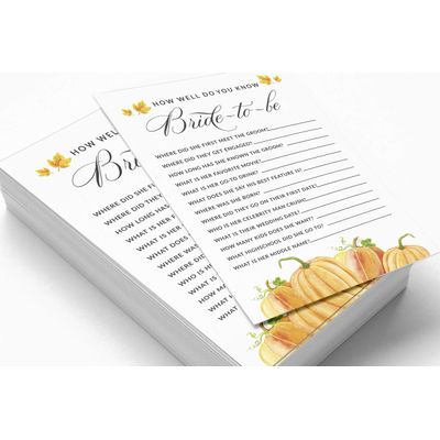 Cartões "Pumpkin Fall In Love" Quadrados em Branco para Preencher, 50 Unidades para Chá de Noiva/Despedida de Solteira - Inkdotpot 12,7 Cm × 17,78 Cm / Branco - Quiz da Noiva
