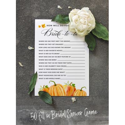 Cartões "Pumpkin Fall In Love" Quadrados em Branco para Preencher, 50 Unidades para Chá de Noiva/Despedida de Solteira - Inkdotpot 12,7 Cm × 17,78 Cm / Branco - Quiz da Noiva