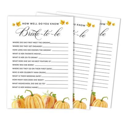 Cartões "Pumpkin Fall In Love" Quadrados em Branco para Preencher, 50 Unidades para Chá de Noiva/Despedida de Solteira - Inkdotpot 12,7 Cm × 17,78 Cm / Branco - Quiz da Noiva