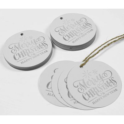 Tags de Papel para Pendurar em Lembrancinhas com Texto Metalizado 'Merry Christmas & Happy New Year' - Inkdotpot 50 Etiquetas Metalizadas / Branco - Prata