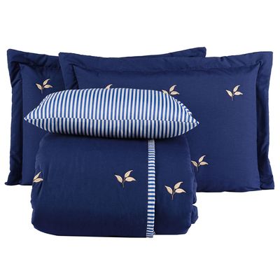 Kit Cobre Leito Colcha King Melini 200 Fios Bordado Listrado 5 Peças - Azul Marinho
