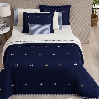 Kit Cobre Leito Colcha King Melini 200 Fios Bordado Listrado 5 Peças - Azul Marinho
