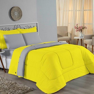 Kit Edredom Dupla Face + Jogo De Lençol Casal Nobre 6 Peças Malha 100% Algodão - Amarelo / Cinza