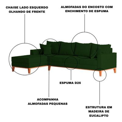 Sofá 4 Lugares Beny Com Chaise Esquerdo Suede Verde