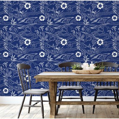 Papel de Parede Botânico Branco, Estilo Asiático, Vinil Autoadesivo Decorativo, Aplicação DIY Fácil para Quartos e Salas, Azul - S4Sassy 63,5 cm (L) × 609,6 cm (C) / Azul - Vinil Texturizado