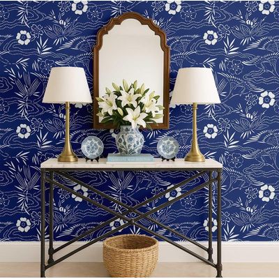 Papel de Parede Botânico Branco, Estilo Asiático, Vinil Autoadesivo Decorativo, Aplicação DIY Fácil para Quartos e Salas, Azul - S4Sassy 63,5 cm (L) × 609,6 cm (C) / Azul - Vinil Texturizado