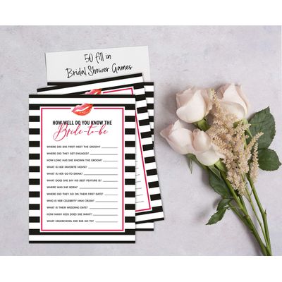 50 Cartões Quadrados Listrados 'Kiss' Brancos para Presentes - Jogo The Miss Good Bye Chá de Noiva/Despedida de Solteira - Inkdotpot 12,7 Cm × 17,78 Cm / Branco - Quiz da Noiva