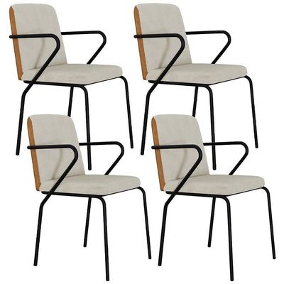 Kit 04 Cadeiras Estofada Para Sala De Jantar Com Braço Loft Preto C01 Bouclê Vanilla Courino Caramelo - Lyam Decor
