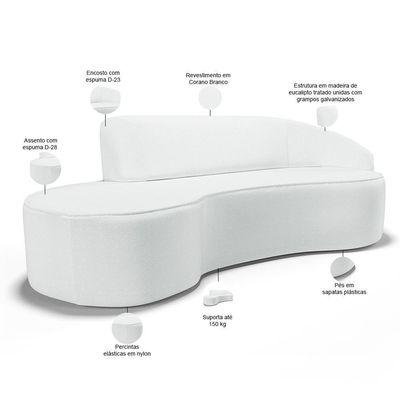 Sofá 3 Lugares Curvo Living Firenze Direito D02 Corano Branco 180cm C-12 - Lyam