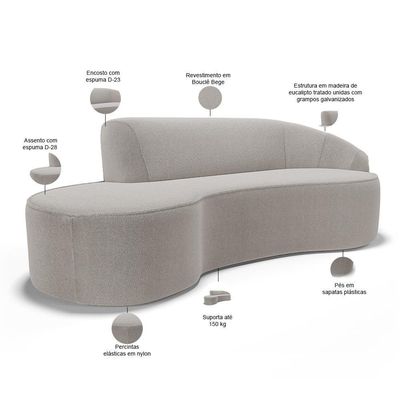 Sofá 3 Lugares Curvo Living Firenze Direito D02 Bouclê Bege 180cm B-62 - Lyam
