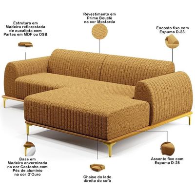 Sofá 4 Lugares Chaise Direito Sala Molino 265cm D02 Pés de ouro Bouclê Mostarda Pb-03
