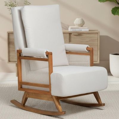 Poltrona De Amamentação Com Balanço Base Nina Líria D02 Linho Off White B-410 - Lyam Decor