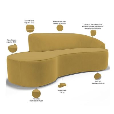 Sofá 3 Lugares Curvo Living Firenze Direito D02 Veludo Mostarda 180cm C-279 - Lyam