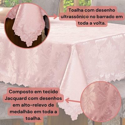 Toalha De Mesa Quadrada Avulsa Jacquard Medalhão 1,40m X 1,40m Para 04 Lugares - Decoração Cozinha Moderna Luxo Cor Rosê