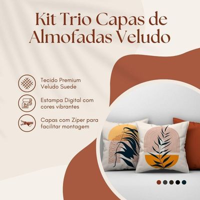 Kit Trio Capas De Almofadas Estampadas Folhas Em Veludo Suede 45cm X 45cm - Decoração Luxo Para Sala Cor Laranja