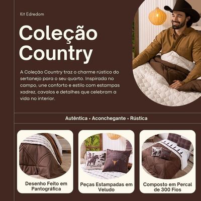 Kit Edredom Casal Padrão Country Com Almofadas Estampadas 07 Peças - Dupla Face Percal 300 Fios Cor Marrom