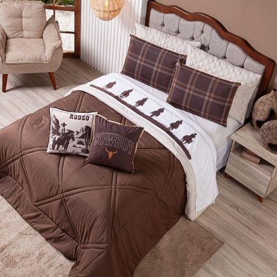 Kit Edredom Casal Padrão Country Com Almofadas Estampadas 07 Peças - Dupla Face Percal 300 Fios Cor Marrom