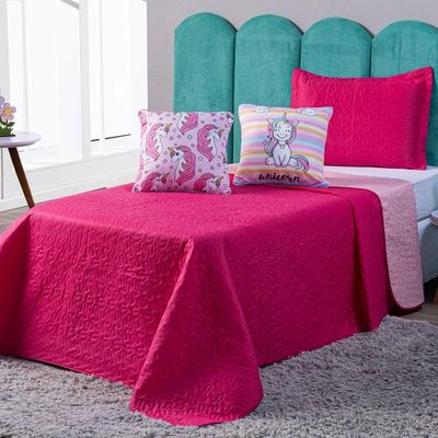 Kit Cobre Leito Colcha Casal Padrão Unicórnio Listrado Pink/rosa Dupla Face Com Almofadas Estampadas 05 Peças