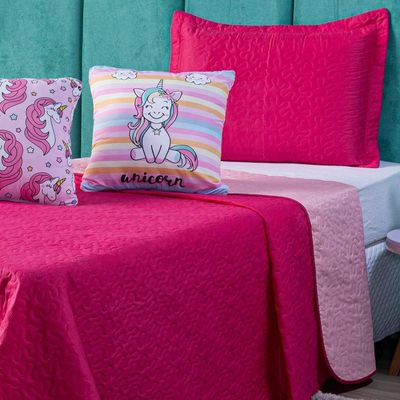 Kit Cobre Leito Colcha Casal Padrão Unicórnio Listrado Pink/rosa Dupla Face Com Almofadas Estampadas 05 Peças