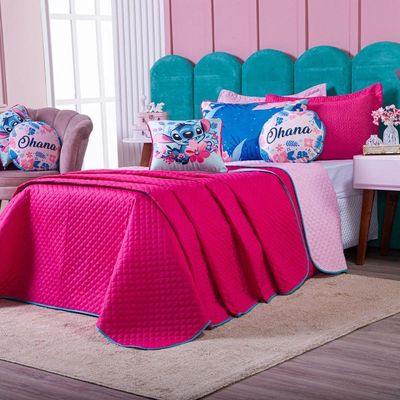 Kit Cobre Leito Stich Pink/rosa Dupla Face Com Almofadas Queen 07 Peças - Decoração Infantil Juvenil Personagem
