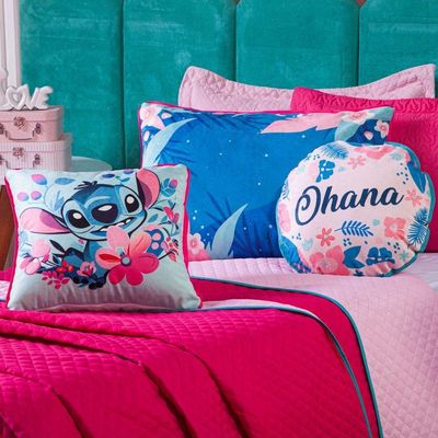 Kit Cobre Leito Stich Pink/rosa Dupla Face Com Almofadas Queen 07 Peças - Decoração Infantil Juvenil Personagem