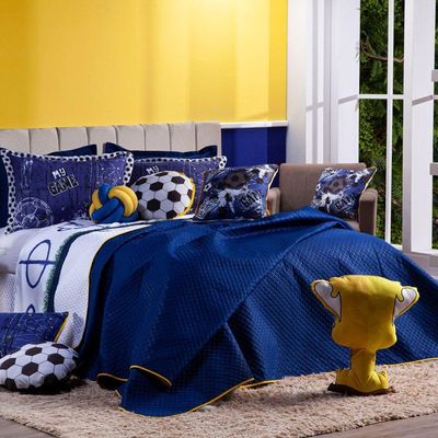 Kit Cobre Leito Colcha Queen Futebol Game Azul Marinho/branco Dupla Face Com Almofadas Estampadas 08 Peças