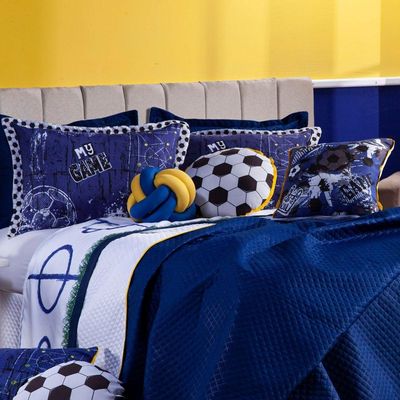 Kit Cobre Leito Colcha Queen Futebol Game Azul Marinho/branco Dupla Face Com Almofadas Estampadas 08 Peças