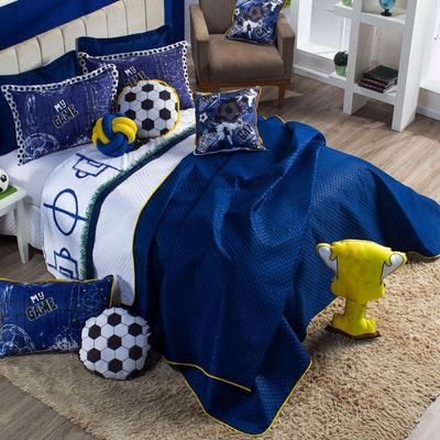 Kit Cobre Leito Colcha Queen Futebol Game Azul Marinho/branco Dupla Face Com Almofadas Estampadas 08 Peças