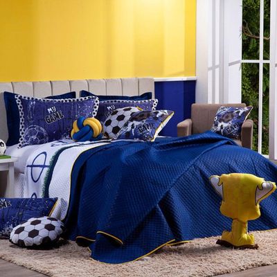 Kit Cobre Leito Colcha Queen Futebol Game Azul Marinho/branco Dupla Face Com Almofadas Estampadas 08 Peças