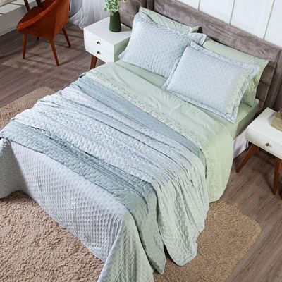 Kit Cobre Leito Colcha King Blend Percal 300 Fios Dupla Face Linho Mesclado Com Fronhas 03 Peças Cor Verde