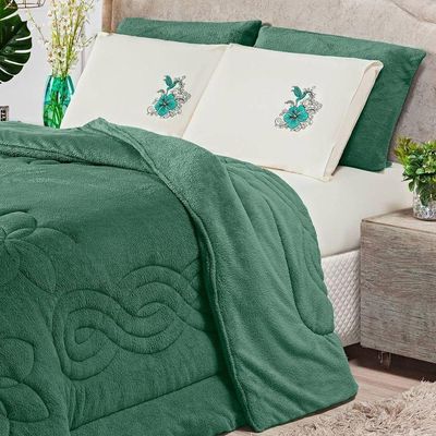 Kit Coberdrom Cobertor Queen Floral Hibisco Verde Dupla Face Com Fronhas 03 Peças - Manta Microfibra Quente