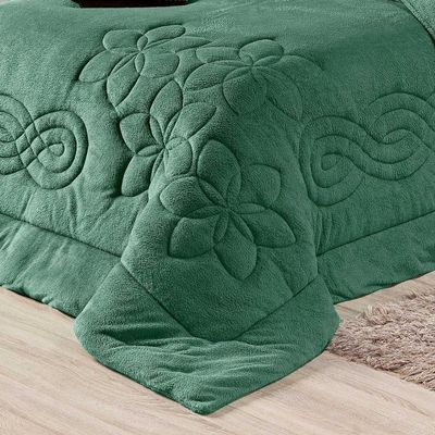 Kit Coberdrom Cobertor Queen Floral Hibisco Verde Dupla Face Com Fronhas 03 Peças - Manta Microfibra Quente