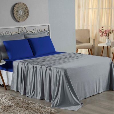 Jogo De Cama Solteiro Nobre 3 Peças Lençol Com Elástico De 30cm De Altura Malha 100% Algodão - Cinza / Royal