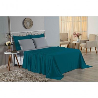 Jogo De Cama Solteiro Nobre 3 Peças Lençol Com Elástico De 30cm De Altura Malha 100% Algodão - Petróleo / Cinza