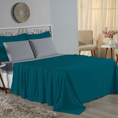 Jogo De Cama Solteiro Nobre 3 Peças Lençol Com Elástico De 30cm De Altura Malha 100% Algodão - Petróleo / Cinza