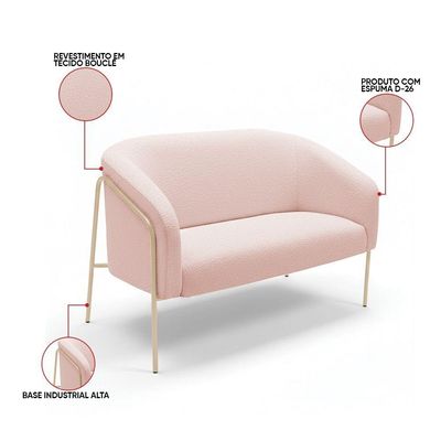 Sofá 2 Lugares Namoradeira Stella Base Industrial Alta Champanhe Bouclê D03 - D'rossi Cor Rose