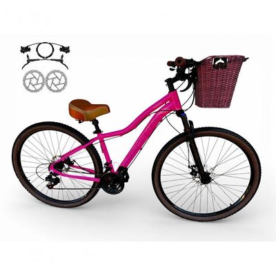 Bicicleta Aro 29 Feminina Absolute Hera Retrô Vintage 21v Hidráulica Confortável Cesta Selim 2 Molas - Rosa Tam 17