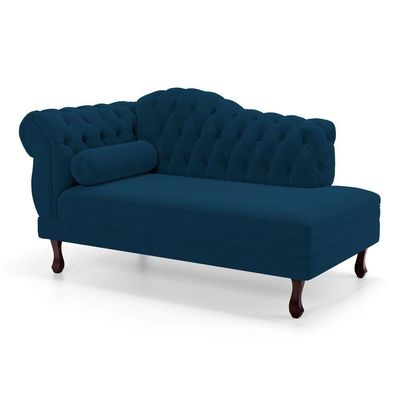 Divã Recamier Chaise Longue Lavínia 150cm Capitonê Pés De Madeira Veludo Azul Marinho - Desk Design
