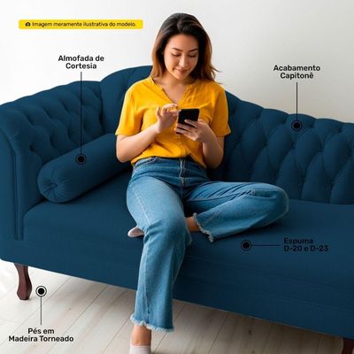 Divã Recamier Chaise Longue Lavínia 150cm Capitonê Pés De Madeira Veludo Azul Marinho - Desk Design