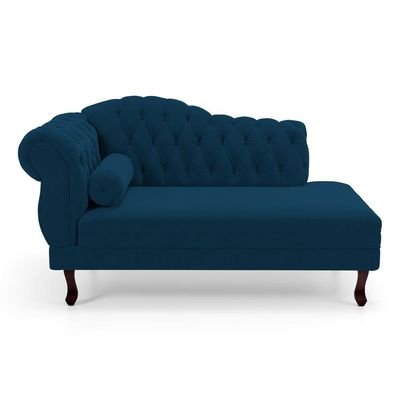 Divã Recamier Chaise Longue Lavínia 150cm Capitonê Pés De Madeira Veludo Azul Marinho - Desk Design