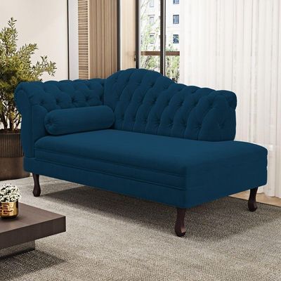 Divã Recamier Chaise Longue Lavínia 150cm Capitonê Pés De Madeira Veludo Azul Marinho - Desk Design