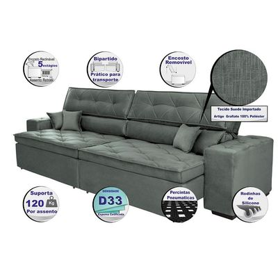Sofá Austin 3,02m Retrátil, Reclinável Com Molas No Assento E Almofadas, Suede Grafite Cama Inbox