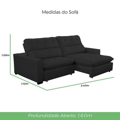 Sofá 2 Lugares 2,40m Retrátil Reclinável Veludo Andreia Lansofbr Preto