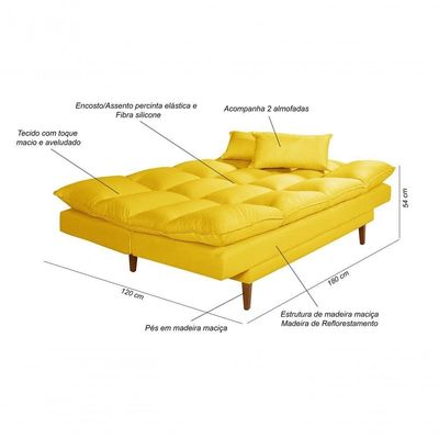 Sofá Cama Andorra 3 Lugares Império Reclinável Casal Pés Madeira Suede Amarelo 374