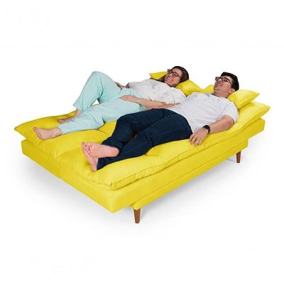 Sofá Cama Andorra 3 Lugares Império Reclinável Casal Pés Madeira Suede Amarelo 374