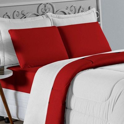 Edredom Solteiro Nobre 1 Peça Dupla Face 1,60m X 2,40m Malha 100% Algodão - Branco / Vermelho